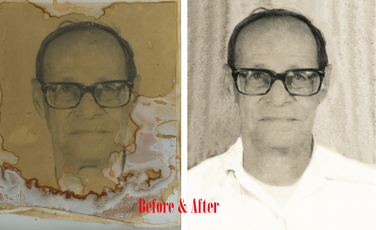 심하게 바래고 많은 부분이 소실된 흑백 사진